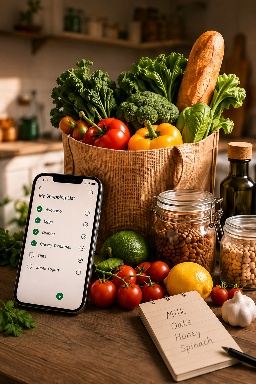 Fresh groceries and pantry staples in a warm kitchen