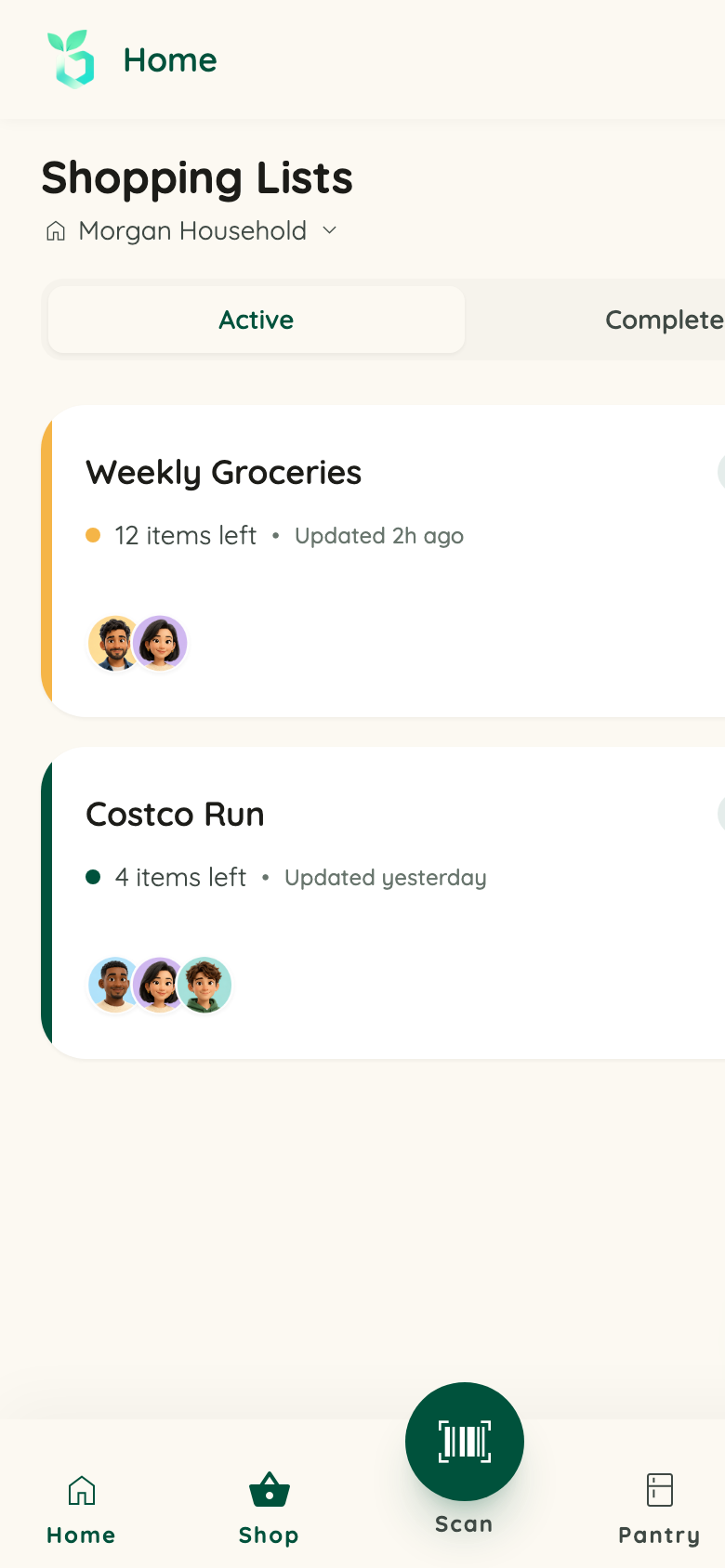 Fennby shopping lists screen